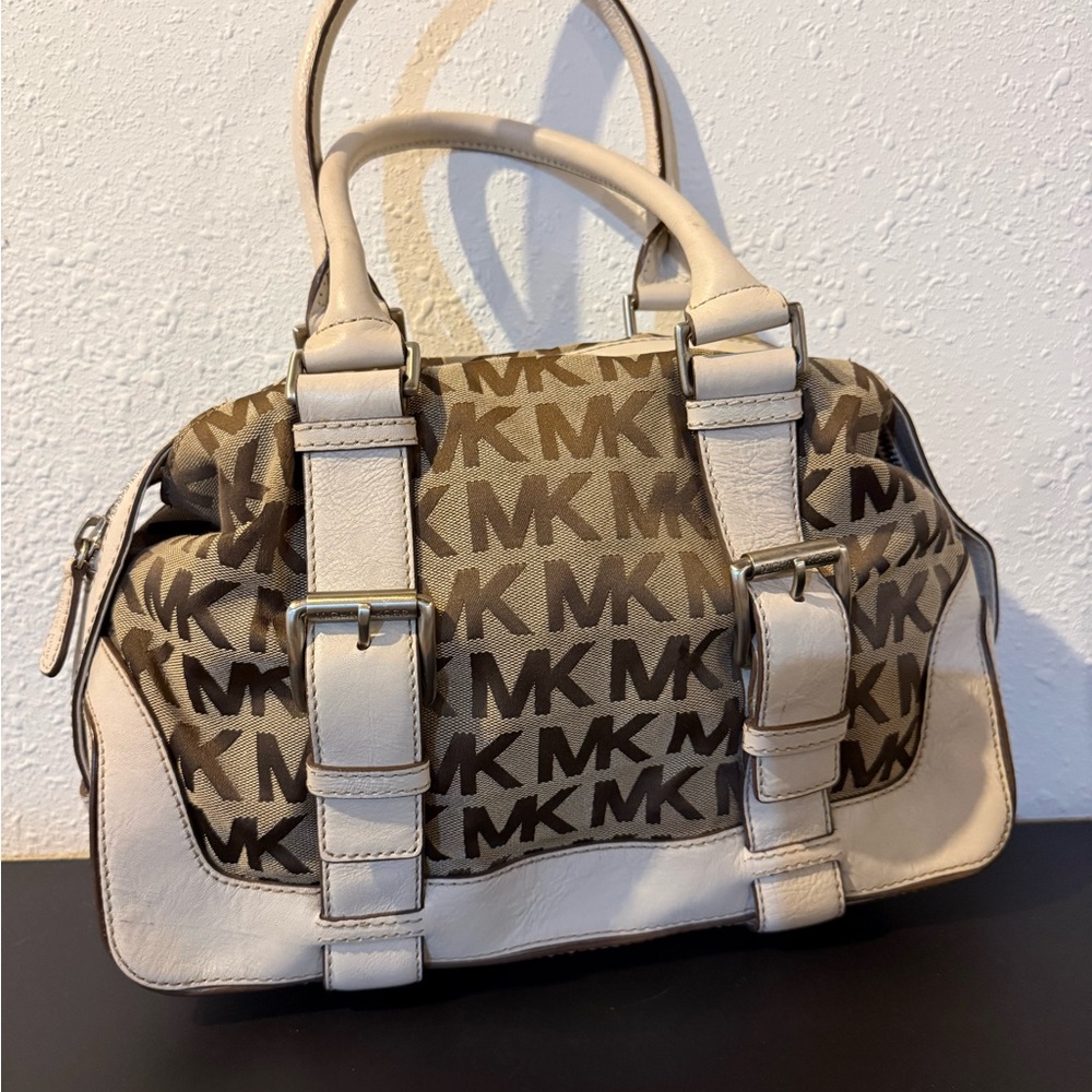 Michael Kors Brown MK Logo Satchel with Cream Trim